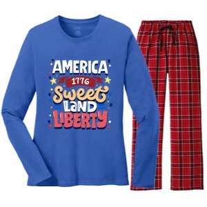 America Sweet Land Liberty Freedom Loyalty 4th Of July Great Gift Women's Long Sleeve Flannel Pajama Set 