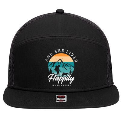 And She Lived Happily Ever After Hiking With Dog Hiking Girl Gift 7 Panel Mesh Trucker Snapback Hat