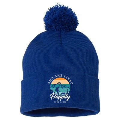 And She Lived Happily Ever After Hiking With Dog Hiking Girl Gift Pom Pom 12in Knit Beanie