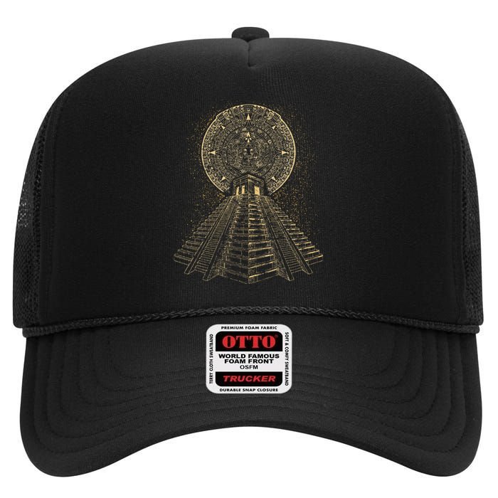 Ancient Sacred Mayan Aztec Calendar Pyramid Geometry High Crown Mesh Back Trucker Hat