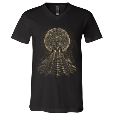 Ancient Sacred Mayan Aztec Calendar Pyramid Geometry V-Neck T-Shirt