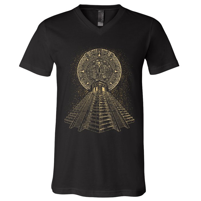 Ancient Sacred Mayan Aztec Calendar Pyramid Geometry V-Neck T-Shirt