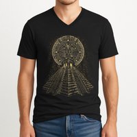Ancient Sacred Mayan Aztec Calendar Pyramid Geometry V-Neck T-Shirt