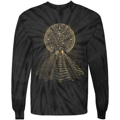 Ancient Sacred Mayan Aztec Calendar Pyramid Geometry Tie-Dye Long Sleeve Shirt
