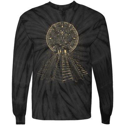 Ancient Sacred Mayan Aztec Calendar Pyramid Geometry Tie-Dye Long Sleeve Shirt