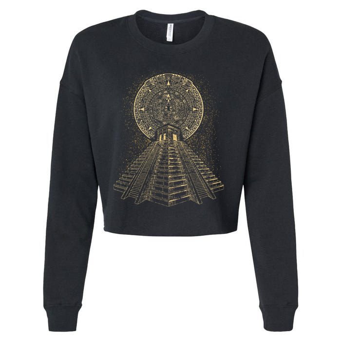 Ancient Sacred Mayan Aztec Calendar Pyramid Geometry Cropped Pullover Crew