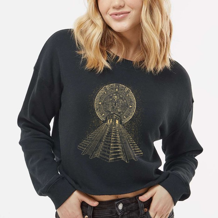 Ancient Sacred Mayan Aztec Calendar Pyramid Geometry Cropped Pullover Crew