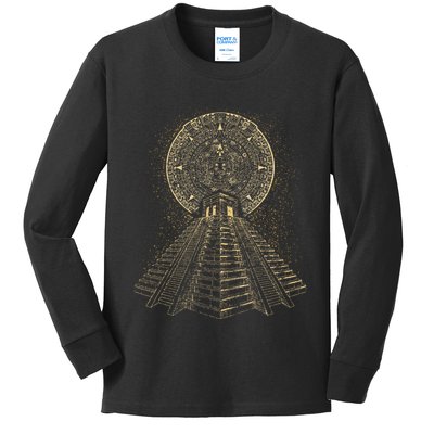 Ancient Sacred Mayan Aztec Calendar Pyramid Geometry Kids Long Sleeve Shirt