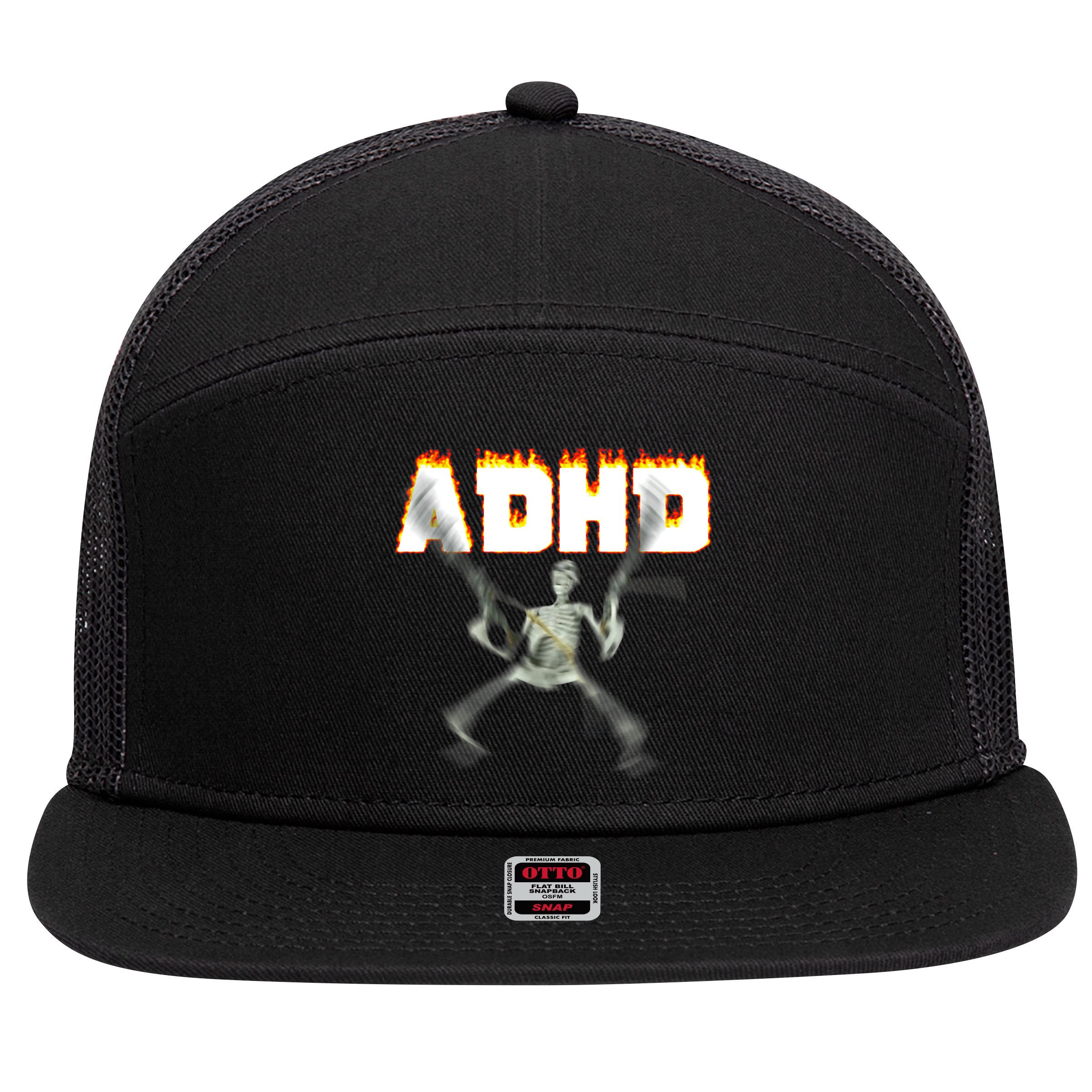 ADHD Skeleton Meme 7 Panel Mesh Trucker Snapback Hat
