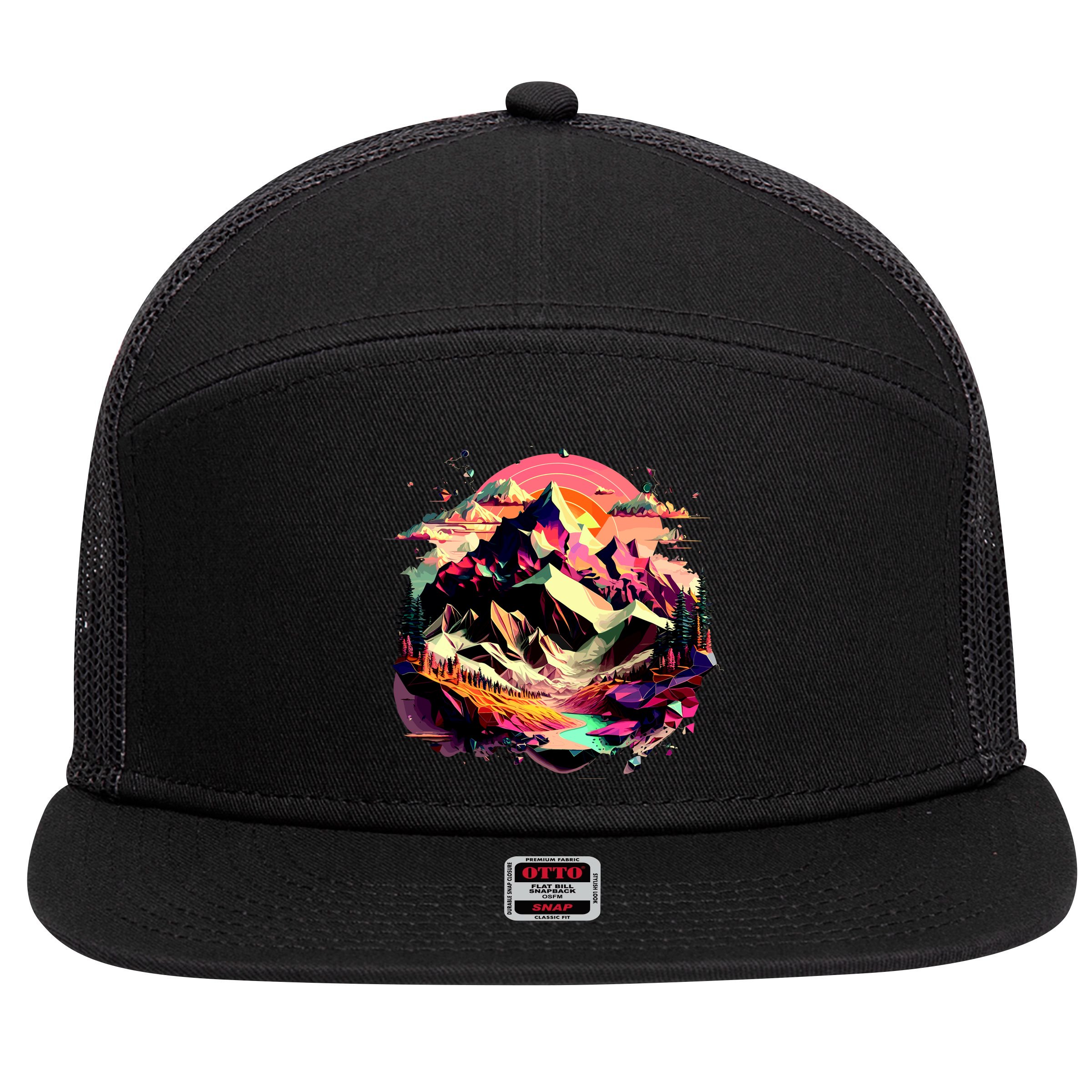 Abstract Swiss Mountains With Wild Nature 7 Panel Mesh Trucker Snapback Hat