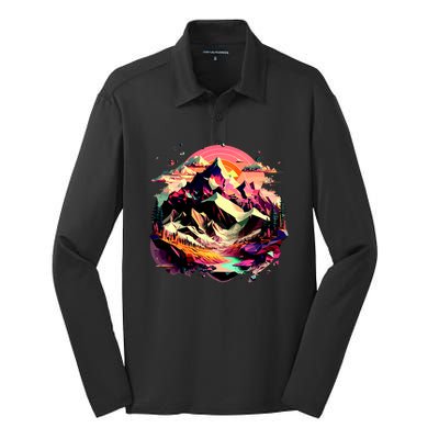 Abstract Swiss Mountains With Wild Nature Silk Touch Performance Long Sleeve Polo