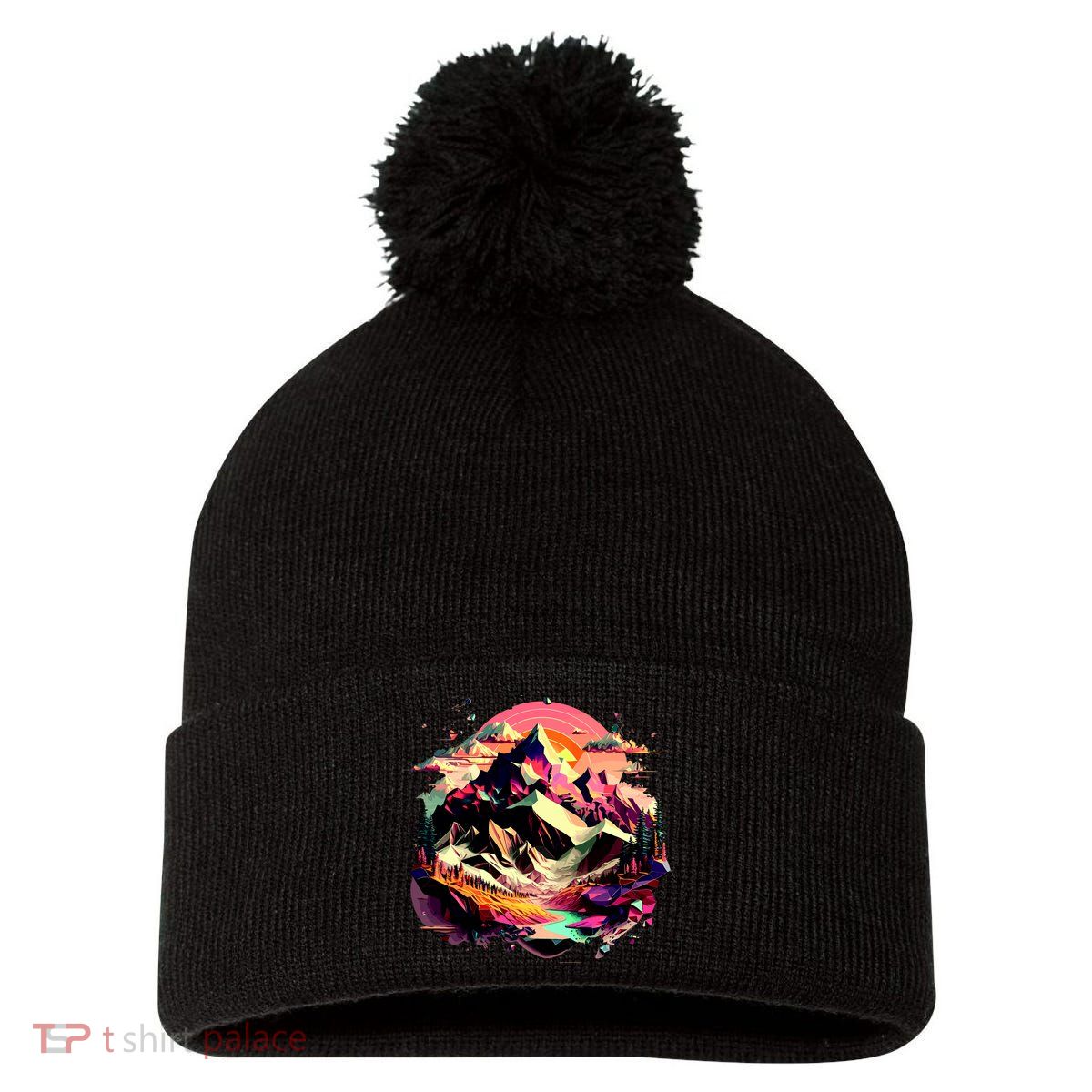 Abstract Swiss Mountains With Wild Nature Pom Pom 12in Knit Beanie
