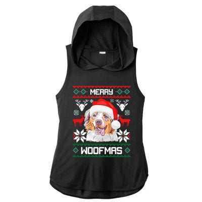 Australian Shepherd Merry Woofmas Christmas Gift Ladies PosiCharge Tri-Blend Wicking Draft Hoodie Tank