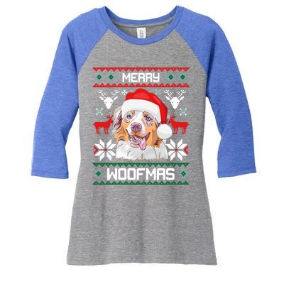 Australian Shepherd Merry Woofmas Christmas Gift Women's Tri-Blend 3/4-Sleeve Raglan Shirt