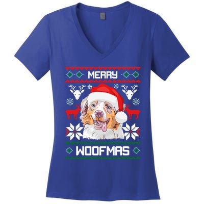 Australian Shepherd Merry Woofmas Christmas Gift Women's V-Neck T-Shirt