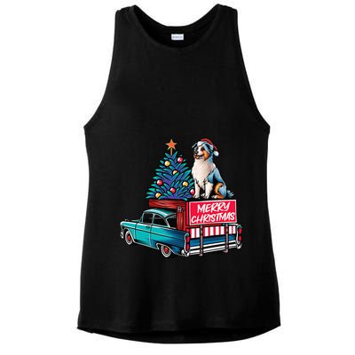 Australian Shepherd Merry Christmas Truck Christmas Tree Ladies PosiCharge Tri-Blend Wicking Tank
