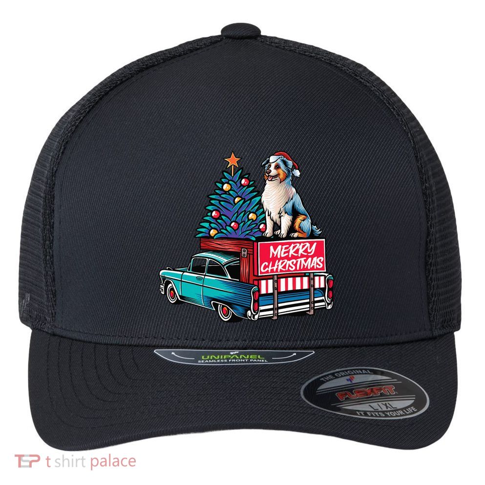 Australian Shepherd Merry Christmas Truck Christmas Tree Flexfit Unipanel Trucker Cap