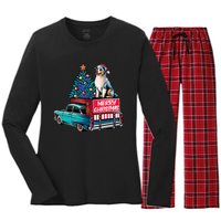 Australian Shepherd Merry Christmas Truck Christmas Tree Women's Long Sleeve Flannel Pajama Set 