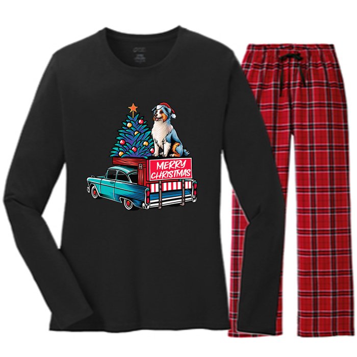 Australian Shepherd Merry Christmas Truck Christmas Tree Women's Long Sleeve Flannel Pajama Set 