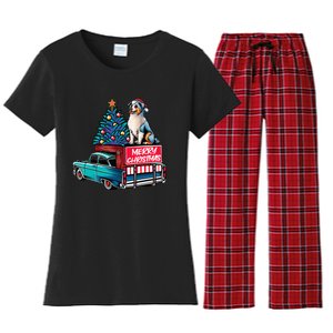 Australian Shepherd Merry Christmas Truck Christmas Tree Women's Flannel Pajama Set