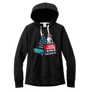 Australian Shepherd Merry Christmas Truck Christmas Tree Women's Fleece Hoodie