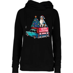 Australian Shepherd Merry Christmas Truck Christmas Tree Womens Funnel Neck Pullover Hood