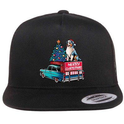 Australian Shepherd Merry Christmas Truck Christmas Tree Flatbill Hat