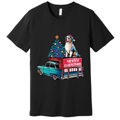 Australian Shepherd Merry Christmas Truck Christmas Tree Premium T-Shirt