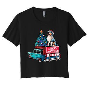 Australian Shepherd Merry Christmas Truck Christmas Tree Women's Crop Top Tee