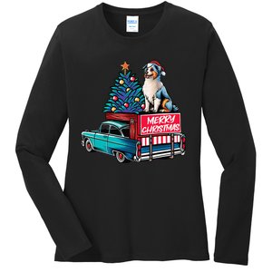 Australian Shepherd Merry Christmas Truck Christmas Tree Ladies Long Sleeve Shirt