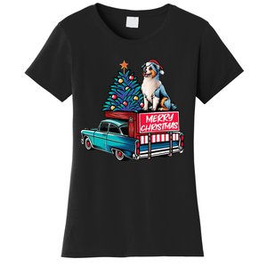 Australian Shepherd Merry Christmas Truck Christmas Tree Women's T-Shirt