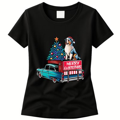 Australian Shepherd Merry Christmas Truck Christmas Tree Womens T-Shirt