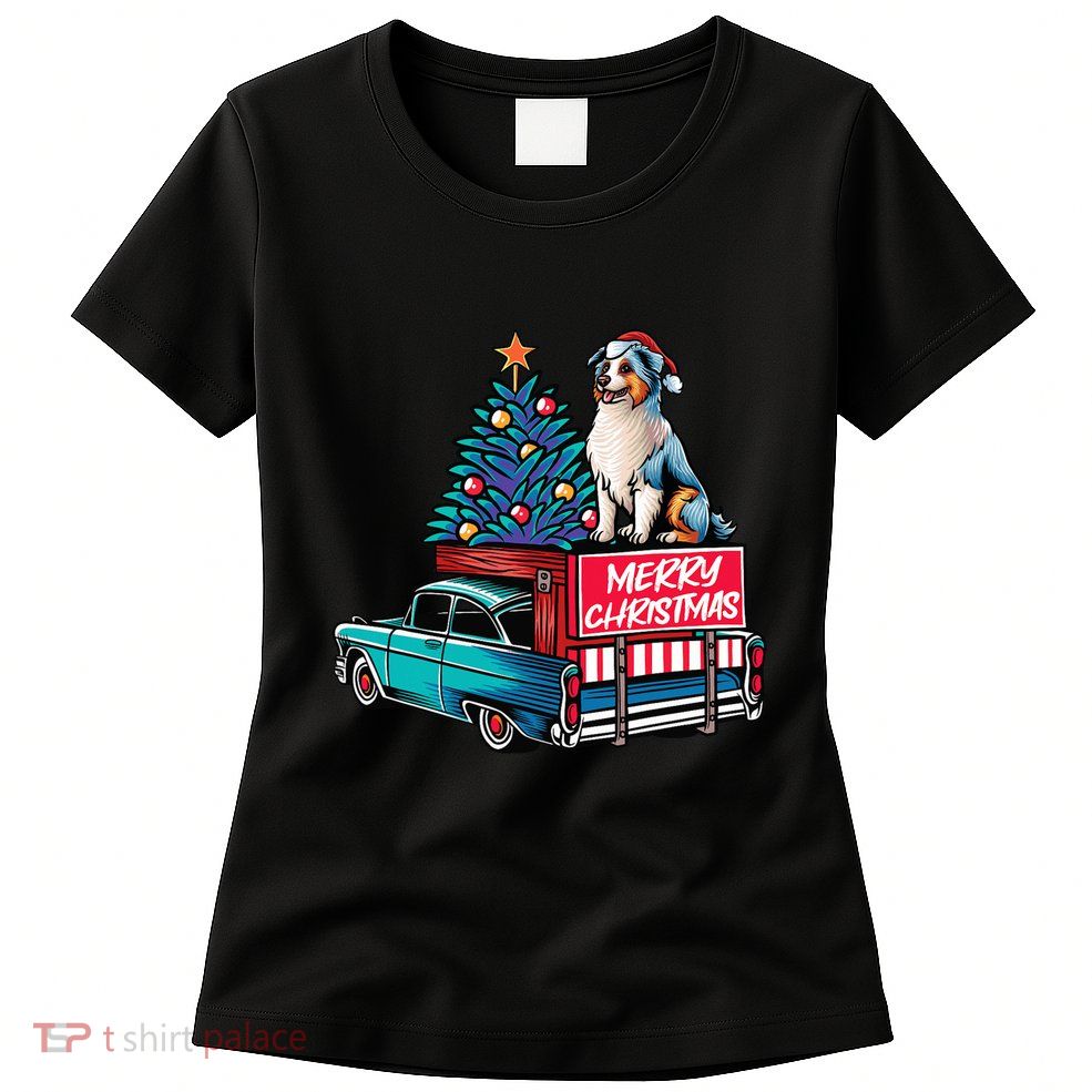 Australian Shepherd Merry Christmas Truck Christmas Tree Womens T-Shirt