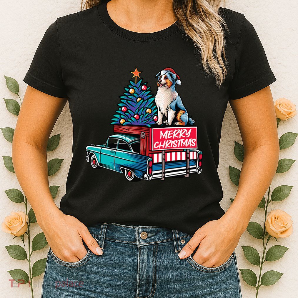 Australian Shepherd Merry Christmas Truck Christmas Tree Womens T-Shirt