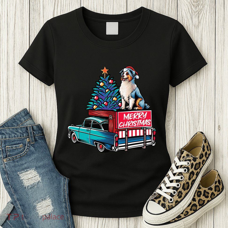 Australian Shepherd Merry Christmas Truck Christmas Tree Womens T-Shirt