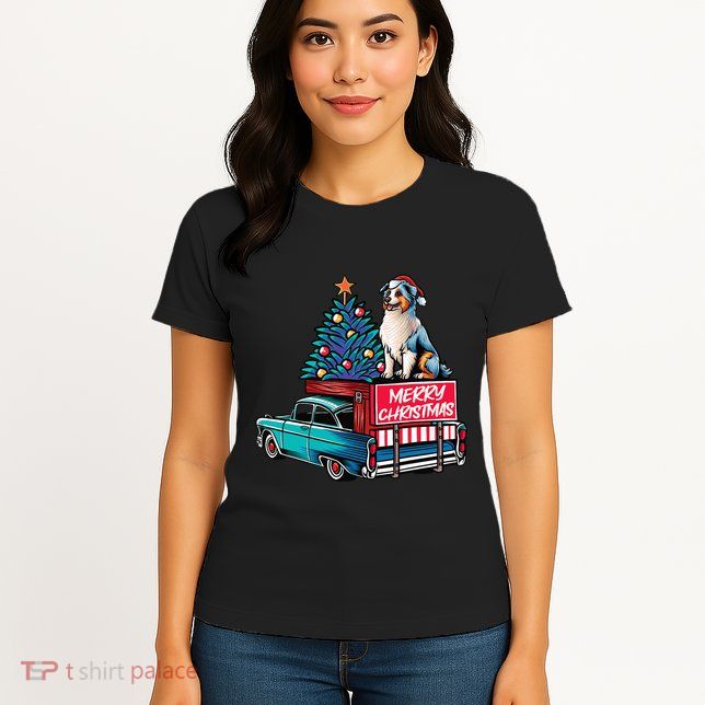 Australian Shepherd Merry Christmas Truck Christmas Tree Womens T-Shirt