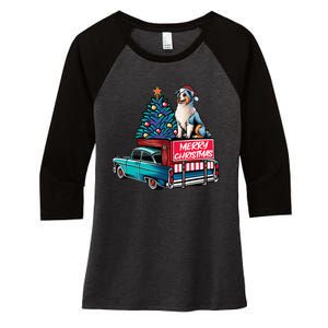 Australian Shepherd Merry Christmas Truck Christmas Tree Women's Tri-Blend 3/4-Sleeve Raglan Shirt