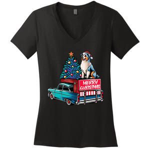 Australian Shepherd Merry Christmas Truck Christmas Tree Women's V-Neck T-Shirt