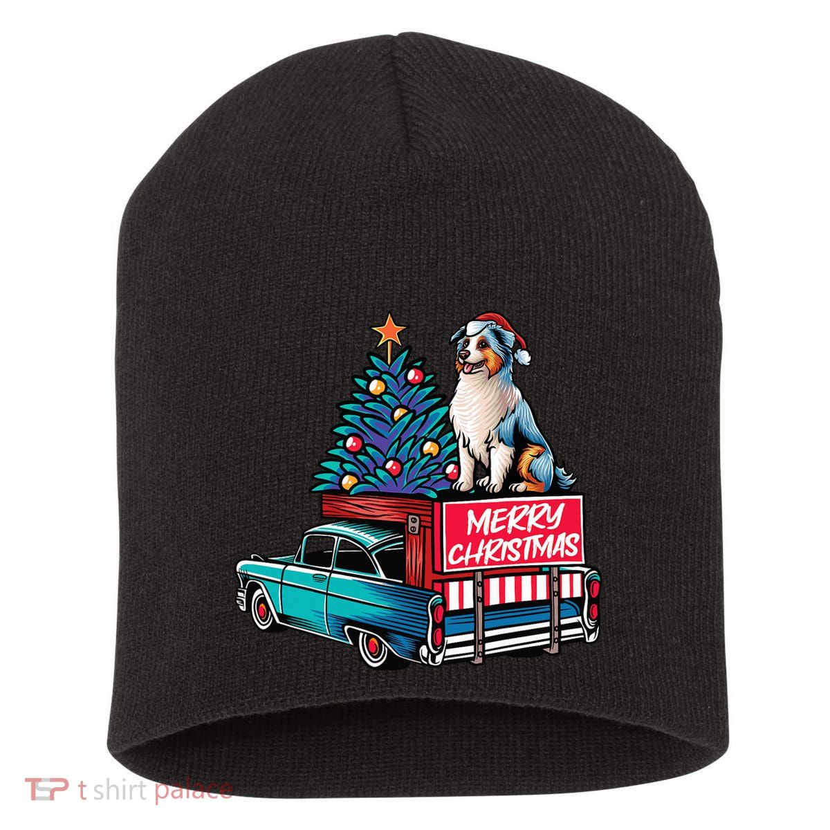 Australian Shepherd Merry Christmas Truck Christmas Tree Short Acrylic Beanie