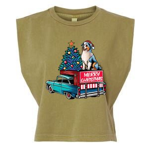 Australian Shepherd Merry Christmas Truck Christmas Tree Garment-Dyed Women's Muscle Tee