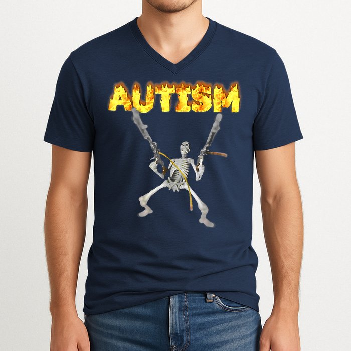 Autism Skeleton Meme Funny V-Neck T-Shirt