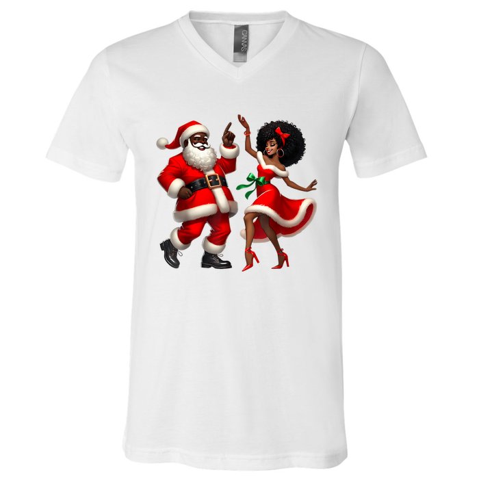 African Santa Mrs Claus Dancing African American Christmas V-Neck T-Shirt