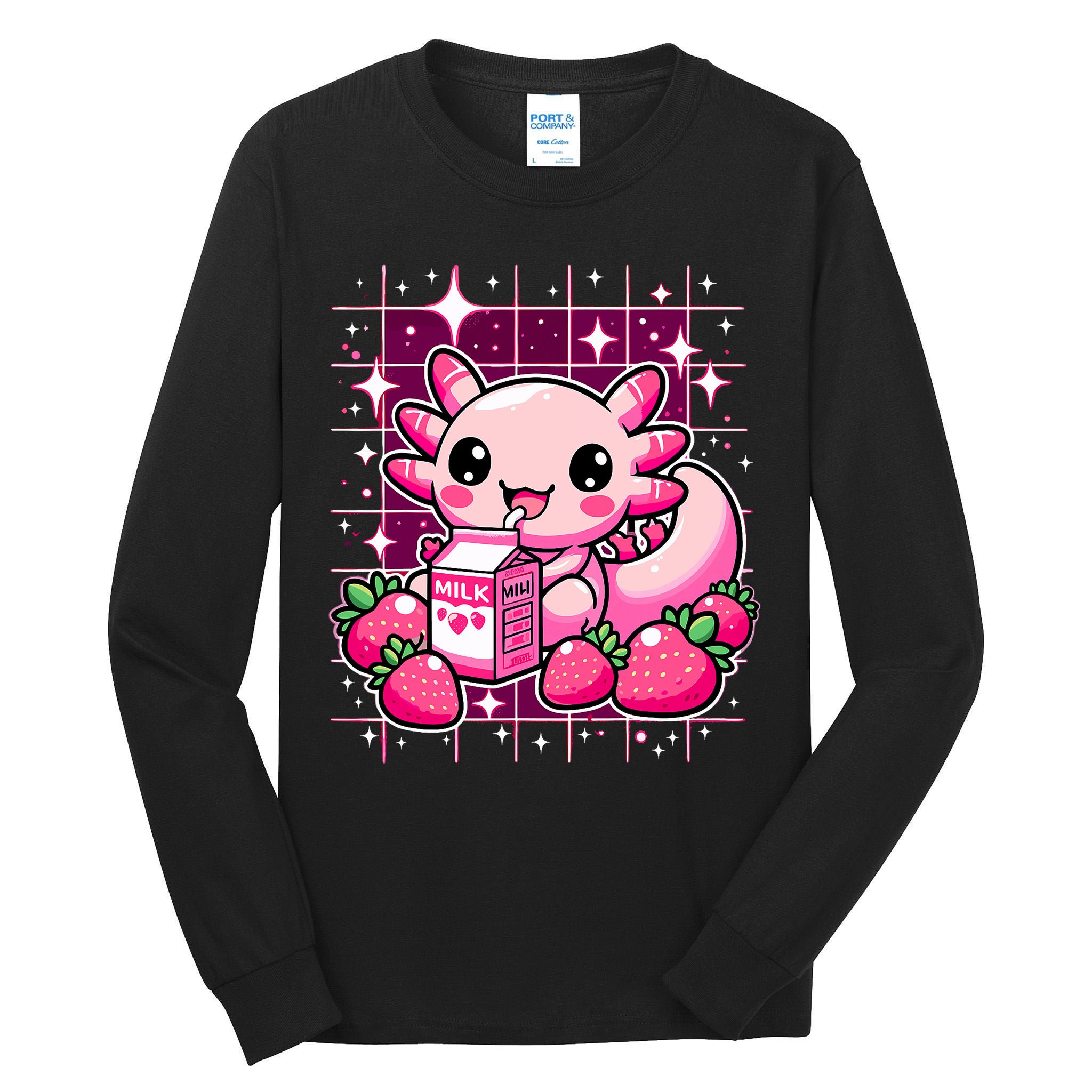 Axolotl Strawberry Milk Shake Anime Cute Kawaii Axolotl Tall Long Sleeve T-Shirt