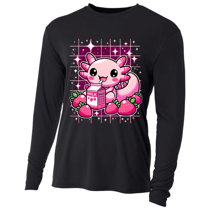 Axolotl Strawberry Milk Shake Anime Cute Kawaii Axolotl Cooling Performance Long Sleeve Crew