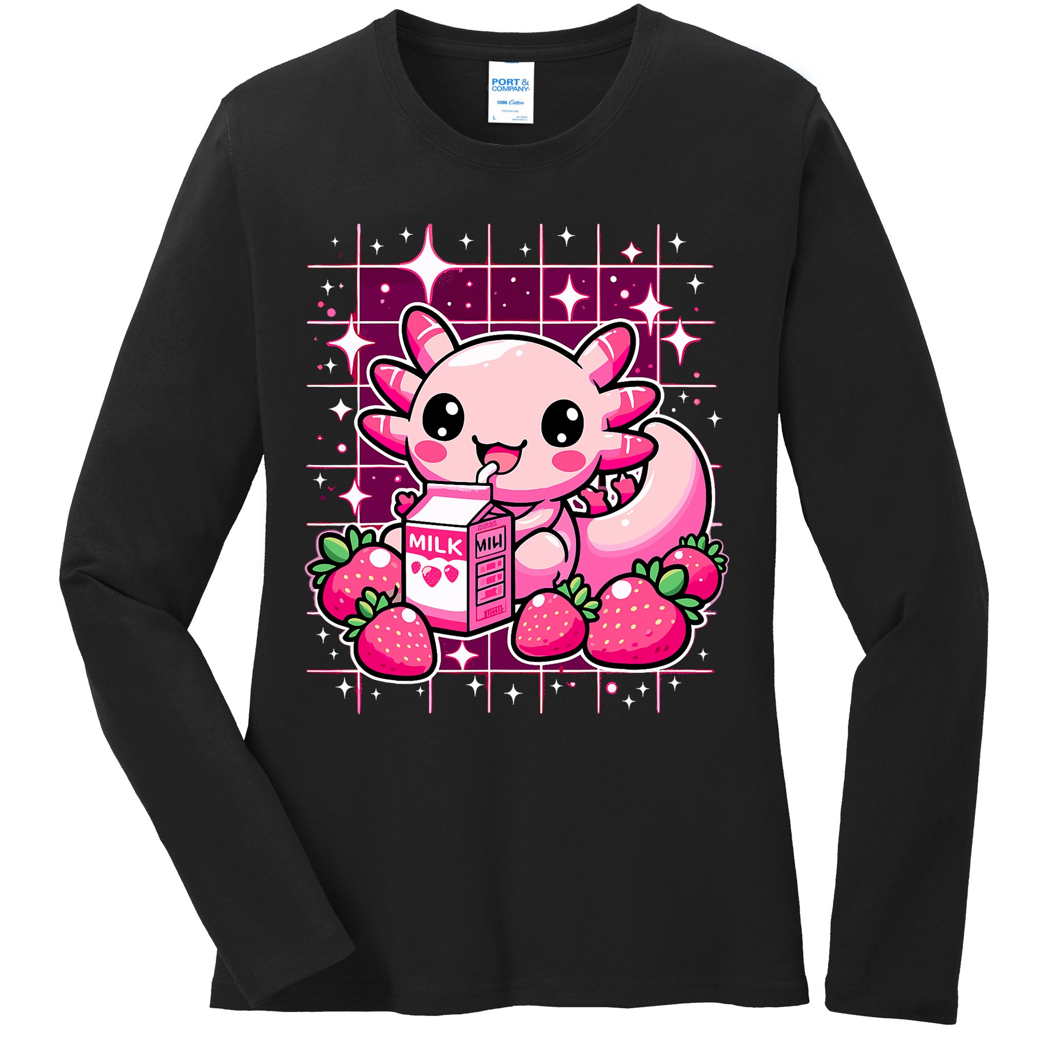 Axolotl Strawberry Milk Shake Anime Cute Kawaii Axolotl Ladies Long Sleeve Shirt
