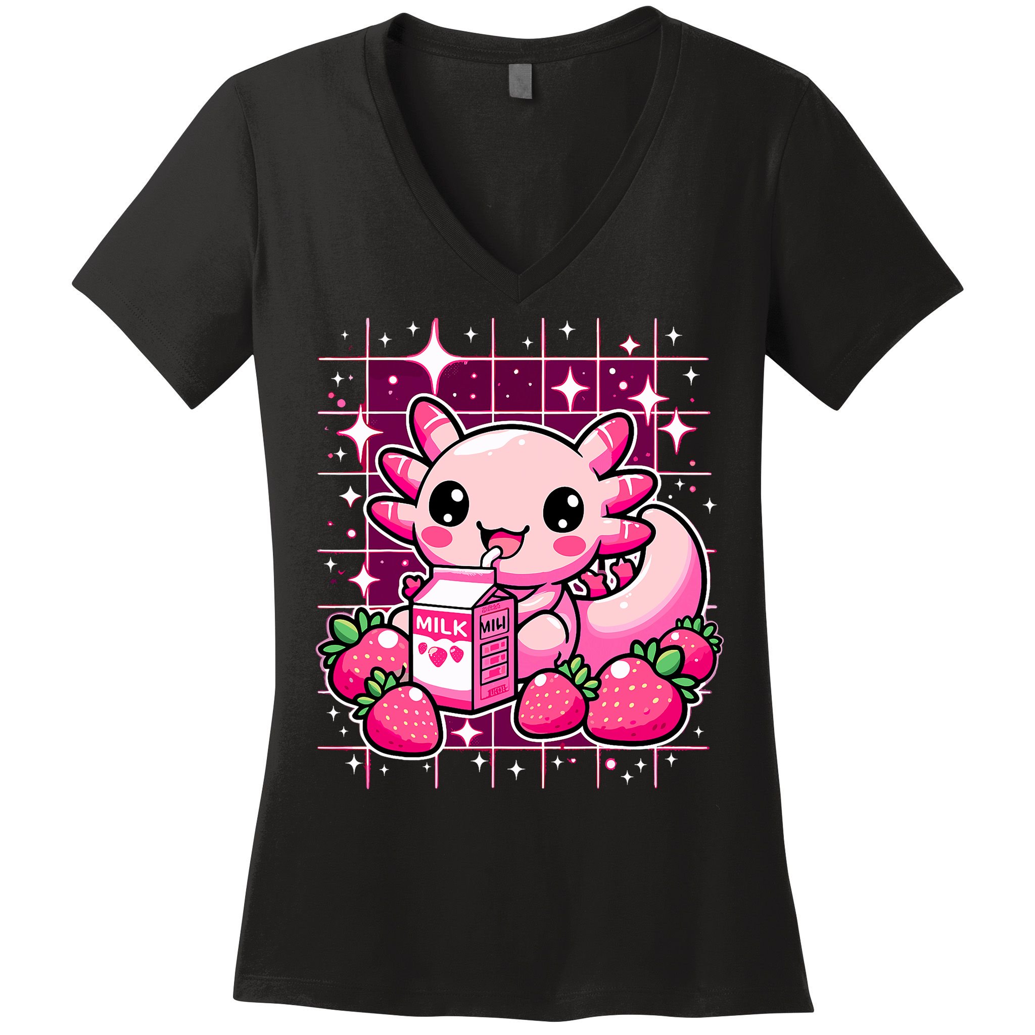 Axolotl Strawberry Milk Shake Anime Cute Kawaii Axolotl Women's V-Neck T-Shirt