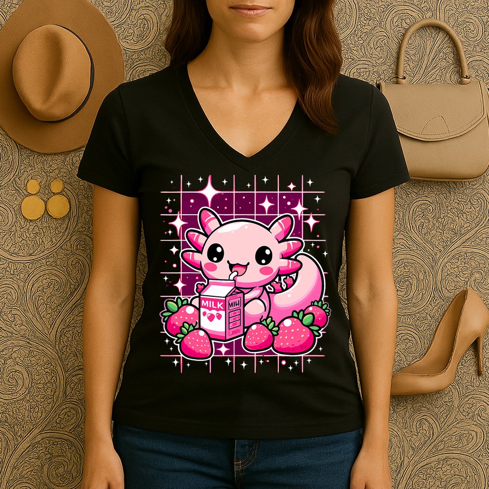 Axolotl Strawberry Milk Shake Anime Cute Kawaii Axolotl Women's V-Neck T-Shirt