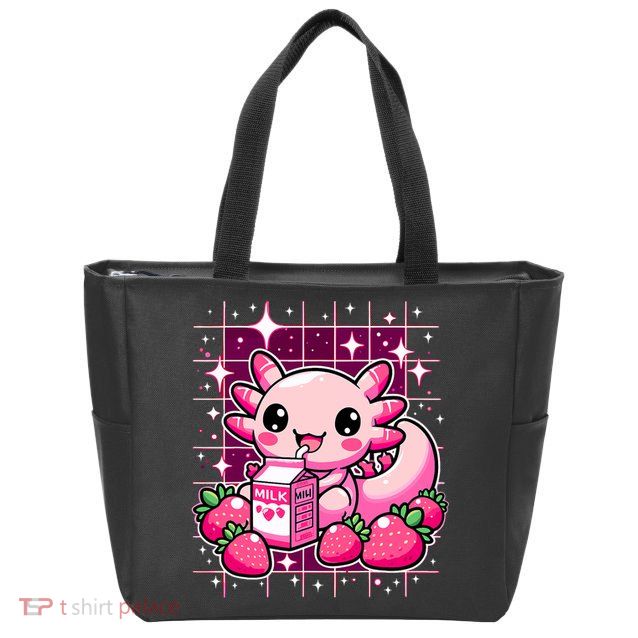 Axolotl Strawberry Milk Shake Anime Cute Kawaii Axolotl Zip Tote Bag
