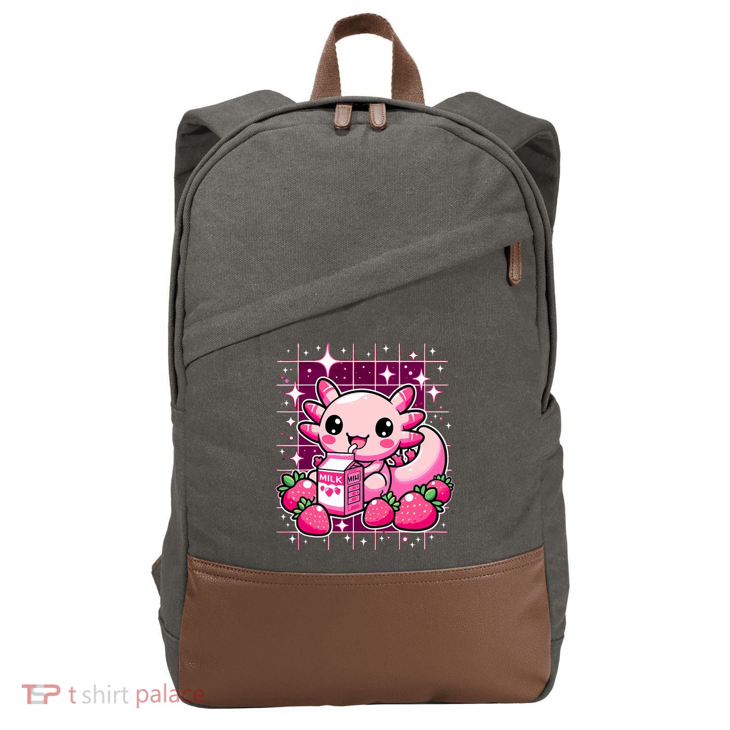 Axolotl Strawberry Milk Shake Anime Cute Kawaii Axolotl Cotton Canvas Backpack