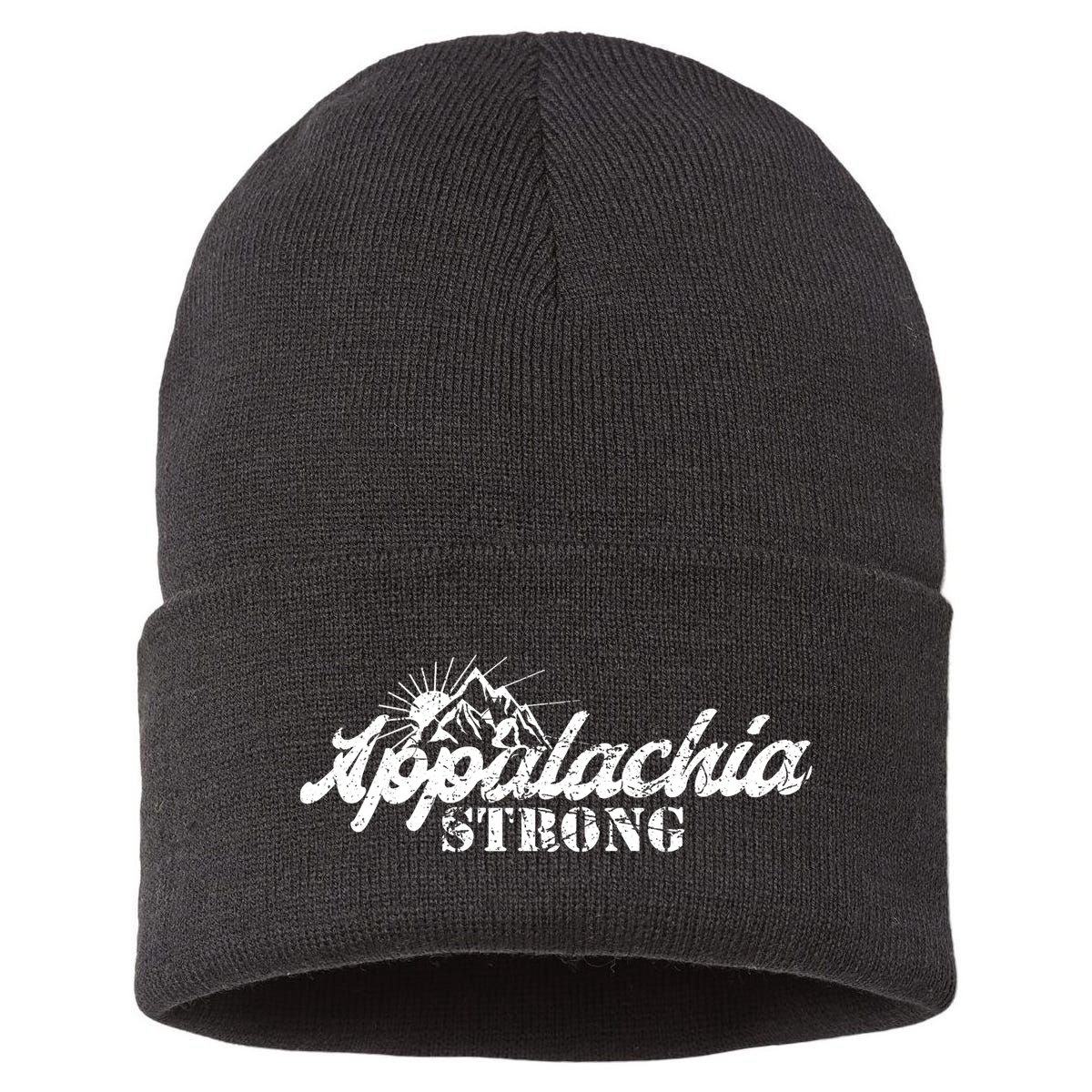 Appalachia Strong Mountain Silhouette Typography Sustainable Knit Beanie